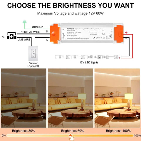 Dimmable LED Driver 12V DC 60W Triac Dimming Transformer For LED Strip Lights 120V AC Input Isolation Protection with brightness settings