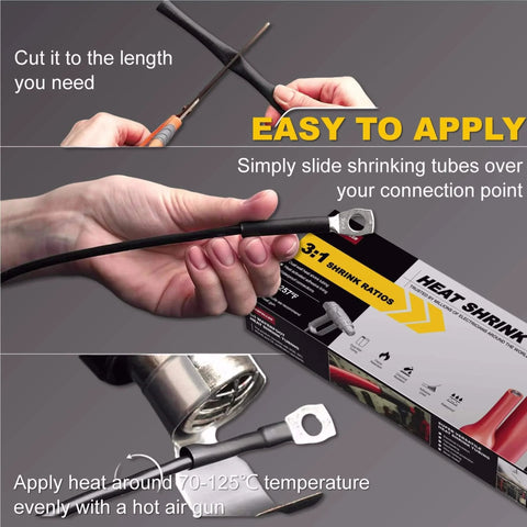 Three To One Ratio Heat Shrink Tubing Black Three Eighths Inch Nine Point Five Millimeter Dual Wall Adhesive Lined Marine Grade Waterproof Oil Proof Wear Resistant Insulation Sealing Twenty Feet ET2095B application process