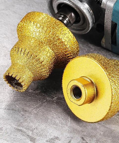 Diamond Core Stepped Pagoda Drill Bit With M10 Thread for metal and wood shown close-up with golden finish and threaded end