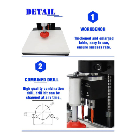 110V Pneumatic Hinge Boring Insertion Machine With Single Head Portable Electric Hinge Drill for Cabinets close-up of workbench and drill