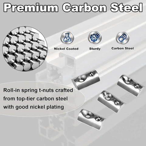 M5 Spring Loaded T Nut 70 pcs M5x0.8mm roll-in T nuts, carbon steel nickel plated, for 20x20 aluminum extrusions