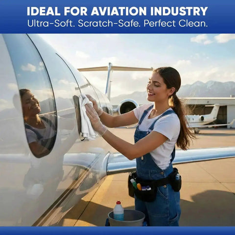 Person cleaning an aircraft with lint free white tshirt rags 100 percent cotton highly absorbent die cut jersey wiping towels