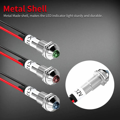 Tri Color 12V LED Indicator Light Kit Waterproof Metal Lamp With Wire Leads Red Blue Green 8mm And 5 16 Inch Mount Holes