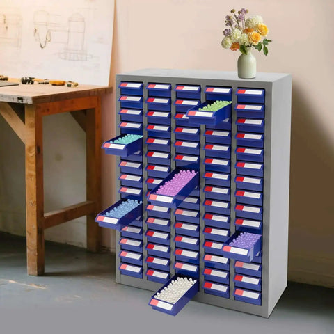 Bolt And Nut Tool Storage Cabinet With 75 Drawers For Garage And Workshop Organization Made With ABS Drawers And Heavy Duty Metal Shelves.