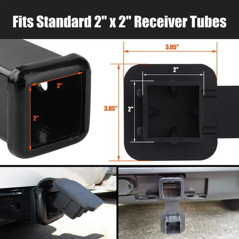 2 Inch Trailer Hitch Receiver Cover Plug Cap For 2x2 Inch Receivers Universal Fit For Toyota Ford GM Jeep Ram Nissan Audi Porsche Lexus 4Runner Universal Fitment For Class III IV V Hitches Truck Ready shown from front and side views with dimensions.