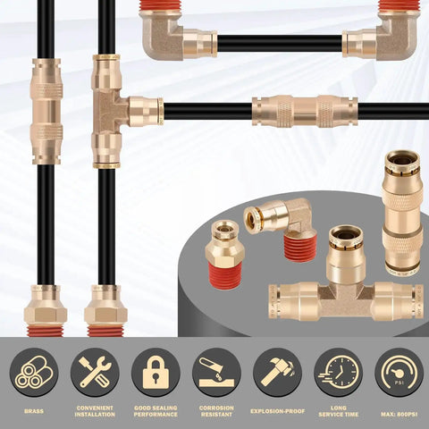 Brass DOT Air Fittings Kit With Fifty Feet One Quarter Inch Air Line, Twelve Pieces Fittings, Connectors, Elbows, and NPT Threads