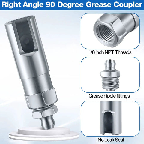 Right angle 90 degree grease coupler with 1/8 inch NPT threads and no leak seal, featuring grease nipple fittings.
