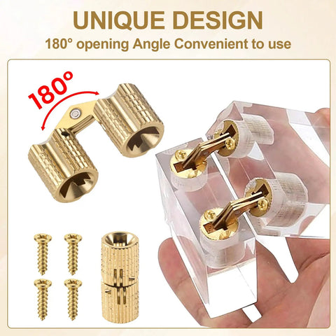 4 Pack Hidden Brass Barrel Hinges 8mm, 180 Degree Concealed Hinges In Gold for Jewelry Boxes Cabinets Furniture and Wooden Cases.