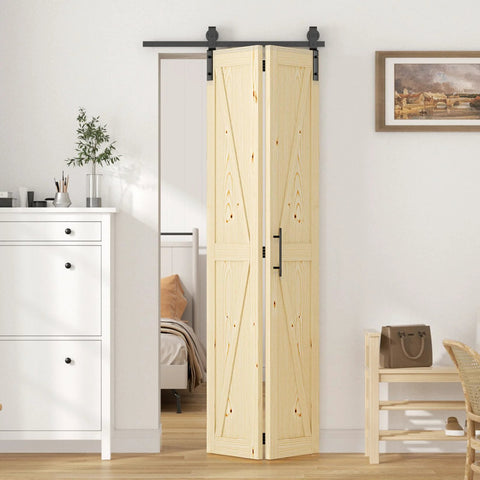 30-Inch By 84-Inch Bifold Barn Door With Hardware Kit, Unfinished Solid Pine Wood Folding Closet Door Installed in Bedroom