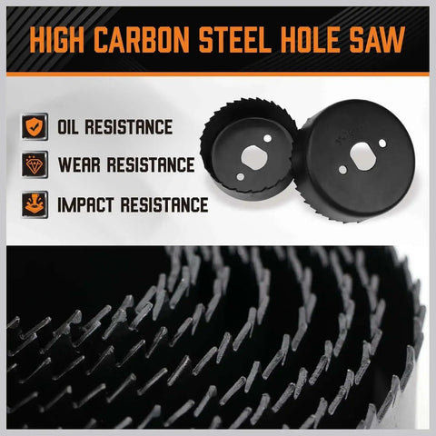 Complete 24 Piece Hole Saw Kit With 17 Blades 2 Mandrels 3 Drill Bits And Installation Plate For Drywall Wood Plastic And PVC Fast Clean Holes For Home Improvement Projects Durable Heat Treated Steel High Cutting Speed displayed with close-up on steel blades detailing oil, wear, and impact resistance features.
