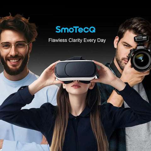 Person using VR headset with two others in background, featuring promowear for glasses and camera professionals.