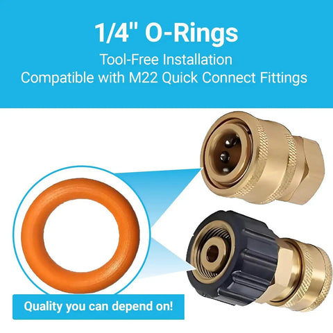 100 Pack Pressure Washer O Ring Seal Kit For DIYers And Pros, 50 Orange O Rings for 1/4 Inch Quick Connect Fittings shown with connectors