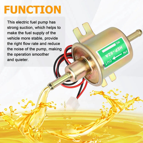 12V Inline Fuel Pump Low Pressure Transfer For Motorcycle Carburetor Lawn Mower Gas Or Diesel Engine Universal 2.5-4 Psi 70 Liters Per Hour 30 GPH 8mm Hose Easy DIY Install Go-To Upgrade, displaying spout and wiring with fuel flow.