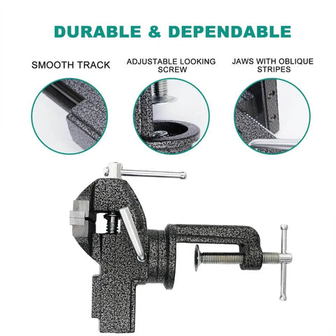 360 degree swivel table vise from All-In-One Golf Grip Removal And Regrip Kit with pro-grade grip vise clamp and oblique striped jaws.