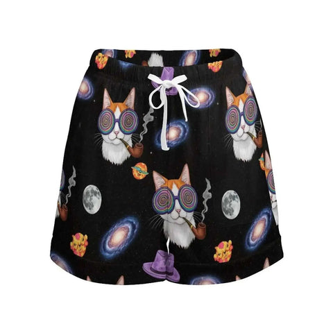 High Waist Workout Shorts For Women With Drawstring And Pockets, Loose Fit Breathable Athletic Shorts For Gym And Running, Galaxy Space Cat Print, Lightweight Polyester, Everyday Activewear, front view