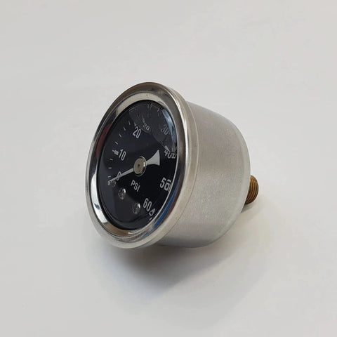 Close-up of 60 Psi Oil Pressure Gauge With Adapter Fitting for 1970 and Later Harley Big Twin with stainless steel case and black face
