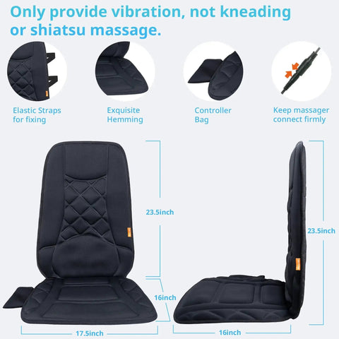 Ten Vibrating Motors Massage Seat Cushion With Heat shown with elastic straps and controller bag, dimensions highlighted.