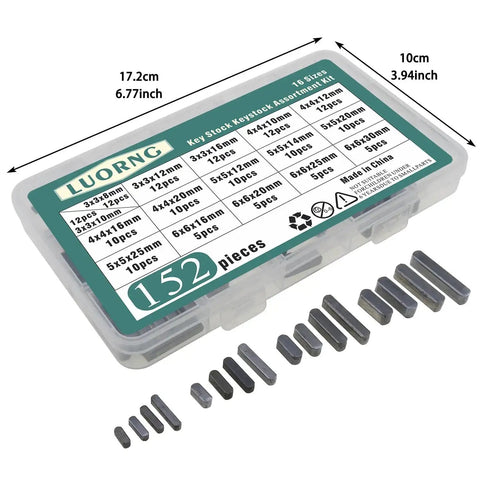 152 Piece Double Round Head Flat Keyed Pin Set Pro Grade With 16 Sizes From 8mm To 30mm For Auto Repair And Mechanical Assembly In Dark Grey 45 Carbon Steel, displayed in a transparent box with dimensions and individual pins visible.