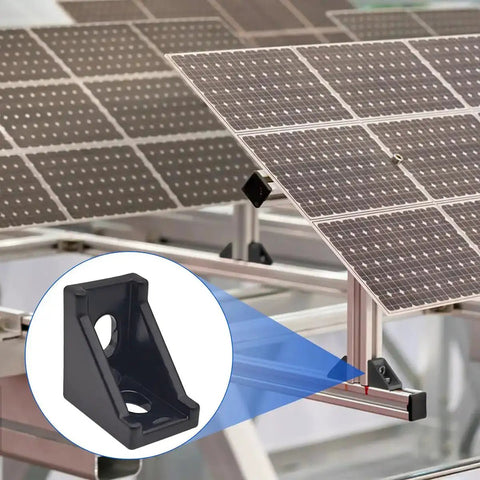 Aluminum Extrusion Corner Brackets Kit For 20S Rails 20x28x28mm L Shaped Brackets With 40 M5 T Slot Nuts and M5x8mm Hex Bolts installed on solar panel frame