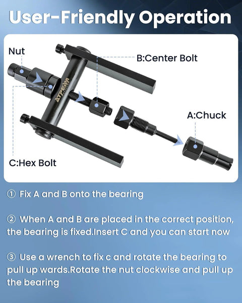 Diagram showing the 10 Piece Blind Hole Bearing Puller Set for Motorcycles with labeled parts: nut, center bolt, chuck, and hex bolt.