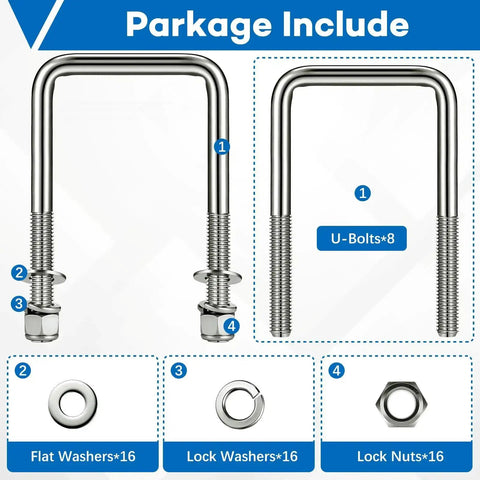 Eight Piece Set Of 304 Stainless Steel Square U Bolts With Washers And Nuts For Boat Trailers Sailboats Automobiles