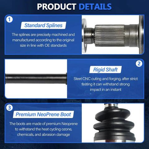 Honda Civic Front CV Axle Assembly 2014 2015 1.8L Auto Tranny FWD EX EXL HF LX SE Sedan Hatchback Left Right Driver Passenger Side CV Joint Shaft Direct Fit, showing product details like standard splines, rigid steel shaft, and neoprene boot features.