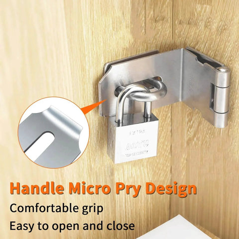 4 Inch Door Hasp Latch 90 Degree Stainless Steel Right Angle Padlock Hasp installed on wooden door
