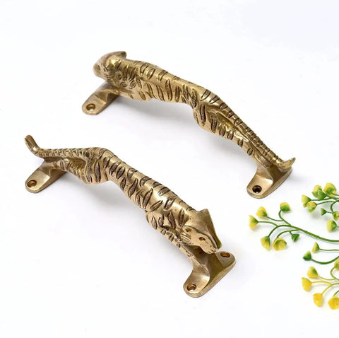 Vintage Style Interior Door Pull Handle 1 Piece in Antique Brass and Gold Finish depicting jaguar shape with plants nearby