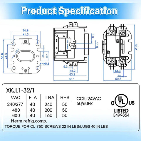 Technical diagram of 1 Pole 24V 40 Amp HVAC Contactor Must Have For Air Conditioner Condenser And Furnace Definite Purpose Relay