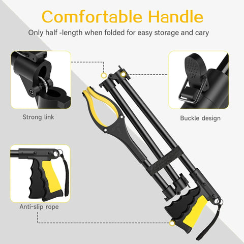 Extra Long 44 Inch Grabber Reacher Tool For Seniors With Foldable Trash Pickup Magnetic Tips shown folded with anti-slip grip.