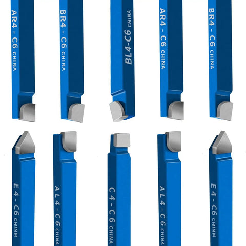 Ten Piece One Quarter Inch Carbide Lathe Cutter Tool Bits Set For Metal Shop Milling And Welding Projects, Includes AR4-C6 AL4-C6 BR4-C6 BL4-C6 C4-C6 E4-C6 Carbide Tips, Plus 45 Steel Tool Holders, displayed vertically.