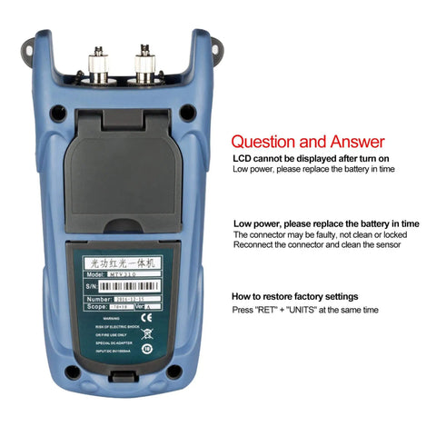 Back view of Fiber Optic Power Meter with Light Source for CCTV and Networking, SC FC Connector Test Tool, features Q&A text.