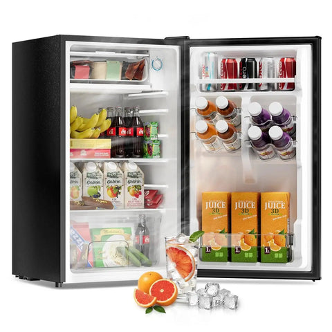 Open 3.2 Cu Ft Mini Fridge With Freezer And Reversible Door For Dorm Energy Efficient, stocked with beverages and snacks.