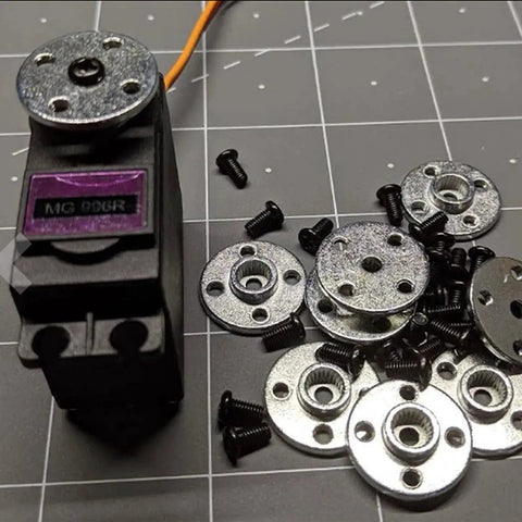 Six aluminum 25T servo horn discs with screws shown beside a black hobby servo