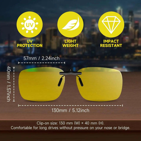 Night Vision Clip On Glasses 2 Pack Polarized Yellow Lens UV400 Anti Glare Driving Clip Over Prescription Glasses 57x40mm specifications