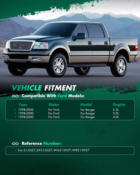 Ford Ranger compatibility chart with truck image, years 1998-2000, engine options 2.5L, 3.0L, 4.0L