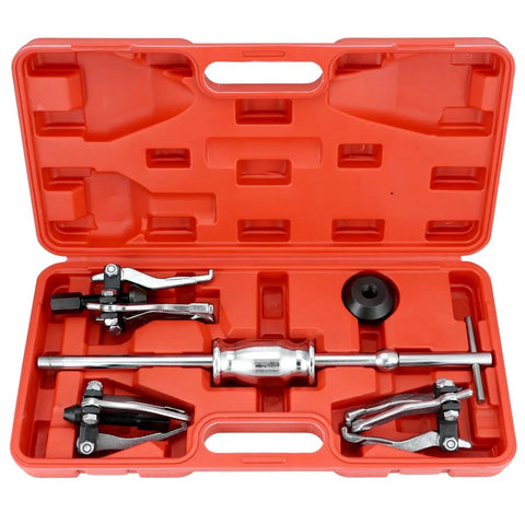 3 Jaw Gear Bearing Puller Set For Automotive Maintenance in a red case with tools for gear, bearing, and seal removal.