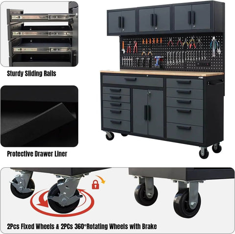 72 Inch Rolling Tool Chest On Wheels With 11 Drawers, 3 Top Cabinets, 2 Door Cabinet, Pegboard And Power Strip, garage workbench