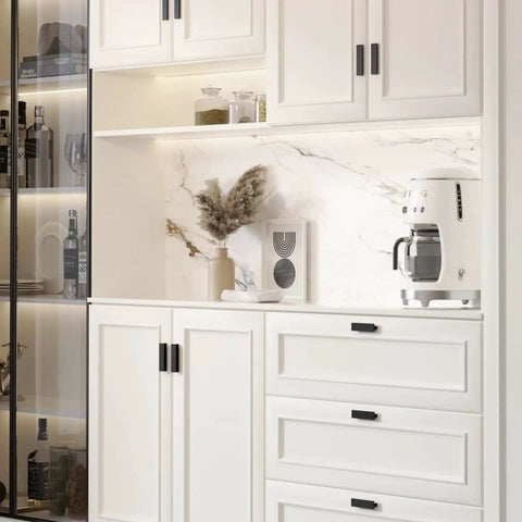 Modern kitchen with white cabinets and 10 Pack 3 Inch Matte Black Kitchen Cabinet Handles And Drawer Pulls For Cabinets And Furniture Modern Finger Edge Pulls for Kitchen, Bathroom, Dresser, and Wardrobe Durable Cabinet Hardware