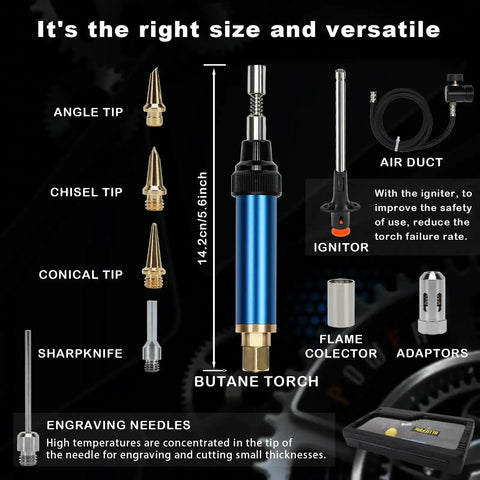 MAP And MAPP Gas Soldering Mini Pen Torch Kit With 3 Foot Hose 6 Replaceable Heads Piezo Igniter Free Flint Lighter Storage Box Portable Brazing And Jewelry Welding Torch For Jewelry Making And Metalwork components shown.