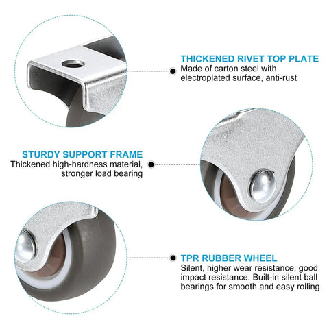 Illustration of features for 2 Inch Rigid Fixed Caster Wheels, 4 Pack Silent Plate Casters With M4 Screws, Total Load Capacity 132 Lbs