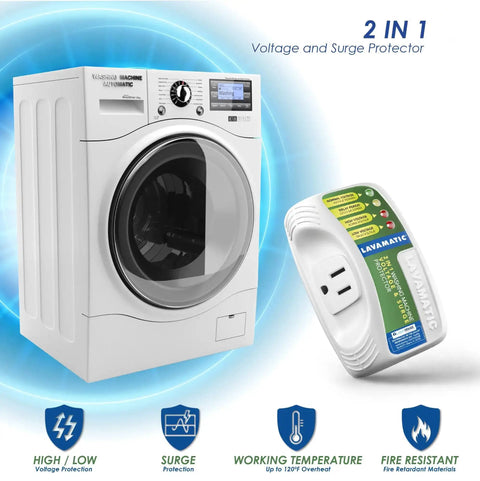 Voltage And Surge Protector For Front And Top Load Washing Machines Two Pack Keeps Your Washer Safe From High And Low Voltage Brownouts Spikes Instant Surges Power Failures And Voltage Fluctuations, shown beside a modern front-load washing machine.