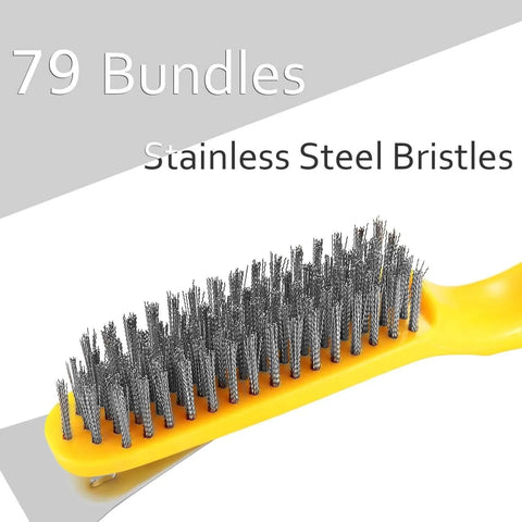 Close-up of Stainless Steel Wire Brush 2 Pcs with Metal Scraper, 79 Bundles bristles on yellow plastic handle