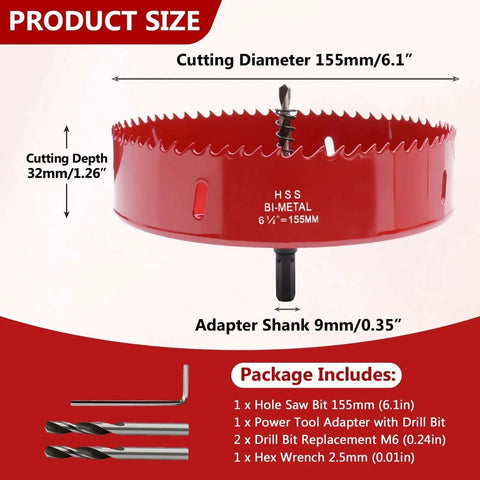 Red Bi Metal Hole Saw Kit With Arbor And Pilot Drill Bit for fiberboard, wood, and PVC drilling, shown with included parts.