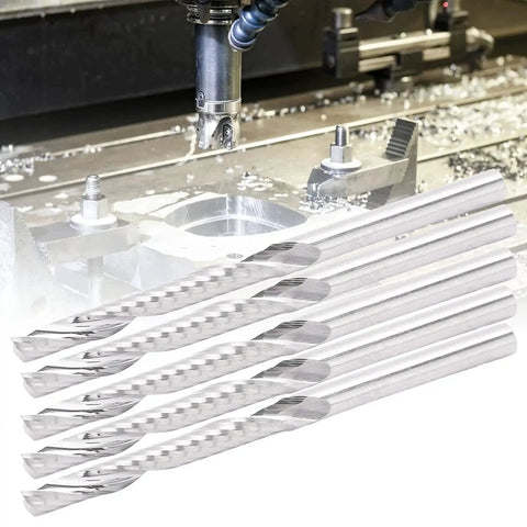5 Pieces Straight Shank End Mills Set With Single Flute Spiral Cutters, Pro Grade Tungsten Steel End Mills next to CNC machine