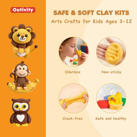 Air Dry Clay Kit For Kids With 12 Animal Crafts Colorful Modeling Clay And Sculpting Tools Safe Nonstick Diy Art Set with lion, monkey, and owl models, highlighting kid-friendly use and features.