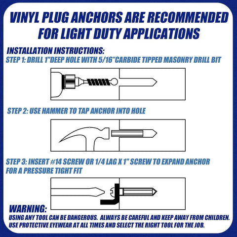 Installation instructions for vinyl plug anchors with step-by-step guide and safety warning