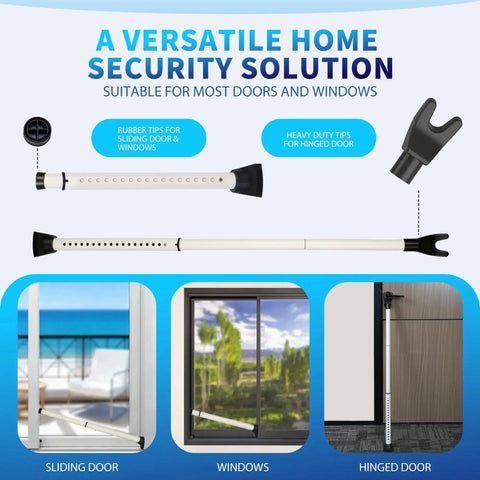Upgraded 2 In 1 Door And Sliding Window Security Bar Adjustable Heavy Duty Jammer For Apartment Home And Hotel Rooms Travel Ready Fits 18 To 44 Inches Lightweight 2.2 Pound Design Includes 2 Pack White shown in use on sliding door, window, and hinged door.