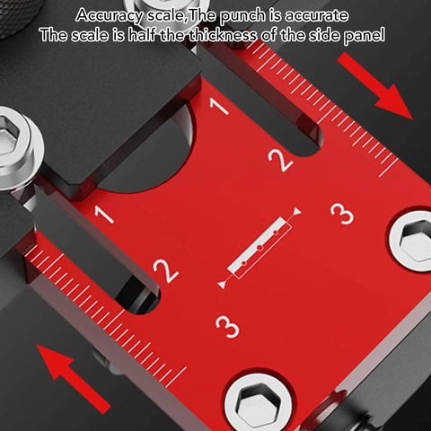 Close-up of Three In One Dowel Jig Kit Pocket Hole Jig With Adjustable Woodworking Drill Locator with accuracy scale.