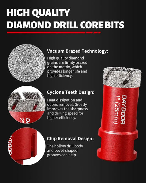 Diamond Hole Saw Kit For Tile And Stone, 1-inch core drill bit, vacuum brazed technology, red color, side view